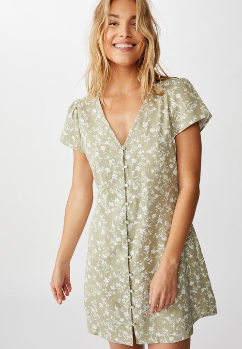 Cotton On - Woven juliette short sleeve mini dress indi floral - green 