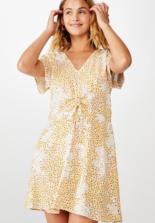 Cotton On - Woven Marissa gathered front mini dress - yellow & white