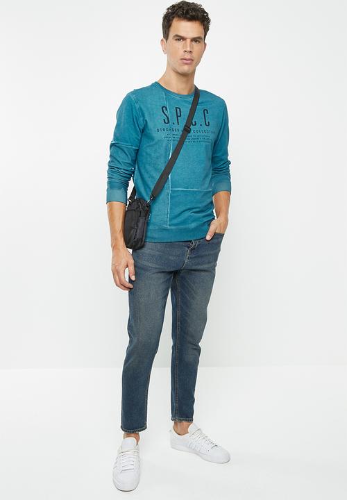 S.P.C.C - Rockaway dirty dye crew neck logo sweat - blue