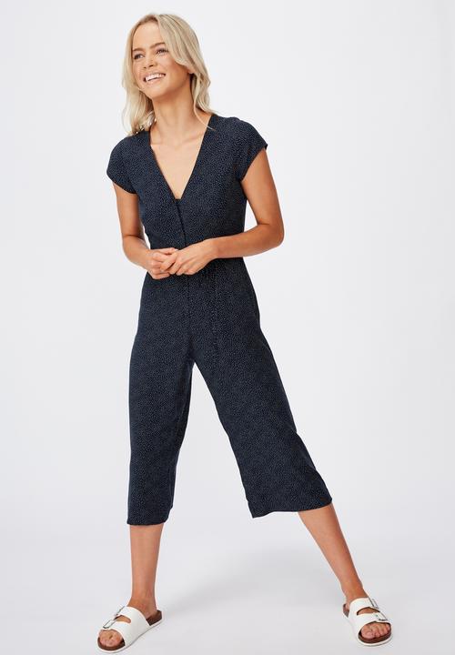 Cotton On - Woven Maggie short sleeve jumpsuit rosie spot - navy & white 