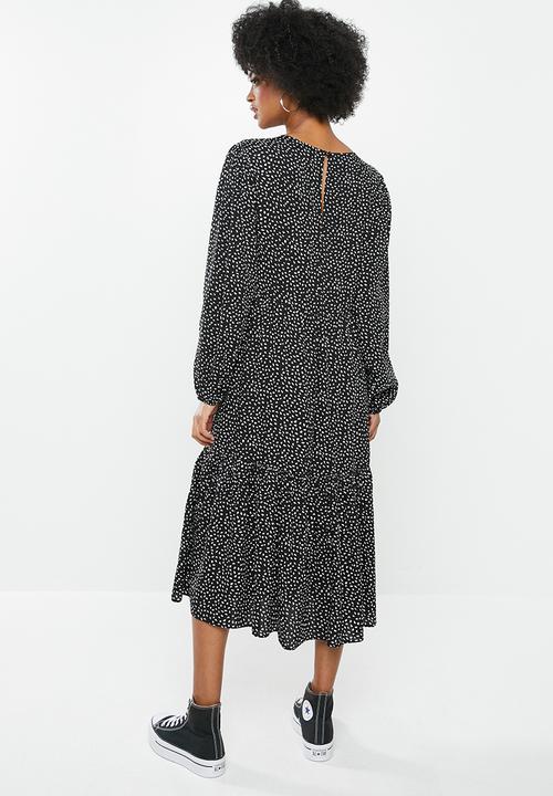 Blake - Rayon tier midi dress - black dot