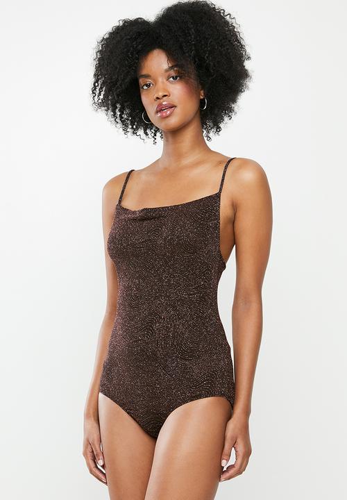 Blake - Sparkle cowl bodysuit - black & copper