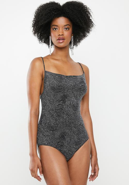 Blake - Sparkle cowl bodysuit - black & silver