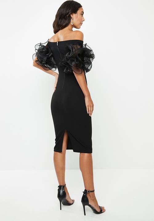 VELVET - Ruffle bardot bodycon - black