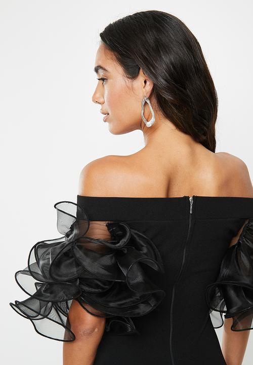 VELVET - Ruffle bardot bodycon - black
