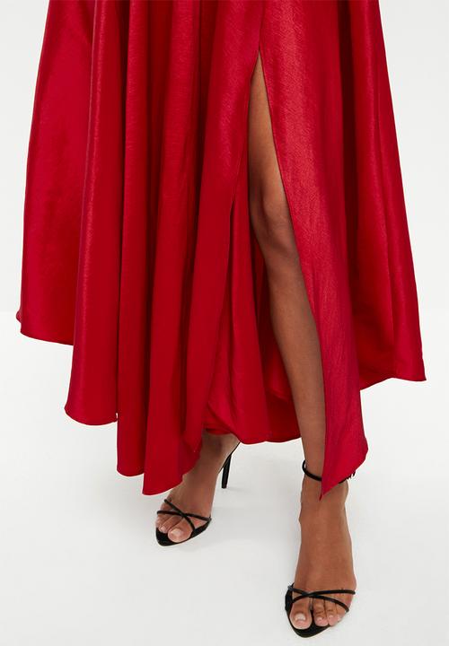 VELVET - Bardot plunge maxi - red