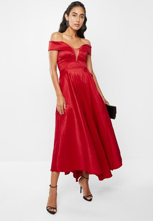 VELVET - Bardot plunge maxi - red