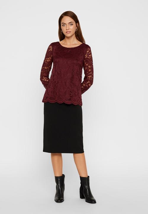 Vero Moda - Alvia long sleeve lace blouse - burgundy 