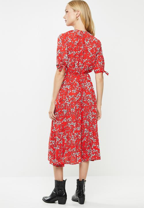 Revenge - Tie sleeve midi floral dress - red