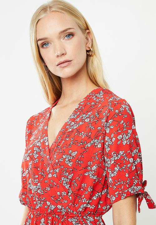 Revenge - Tie sleeve midi floral dress - red