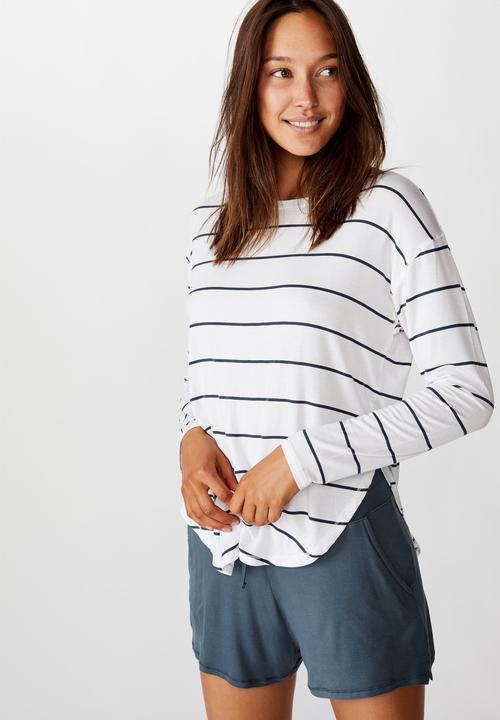 Cotton On - Sleep recovery long sleeve top - white & navy 