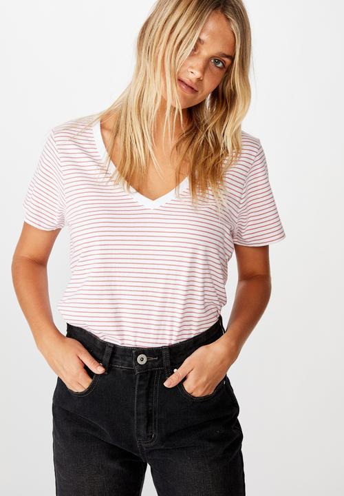 Cotton On - The one fitted V-tee Josie stripes - white & pink 