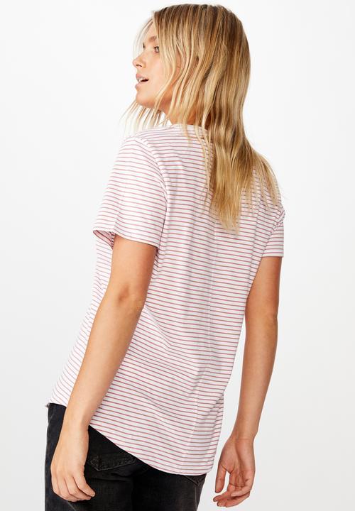 Cotton On - The one fitted V-tee Josie stripes - white & pink 