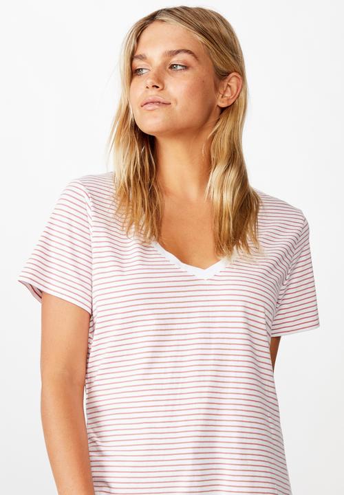 Cotton On - The one fitted V-tee Josie stripes - white & pink 
