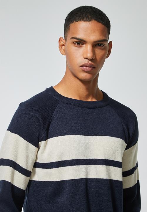 Superbalist - Lightweight stripe crew neck knit - navy & beige