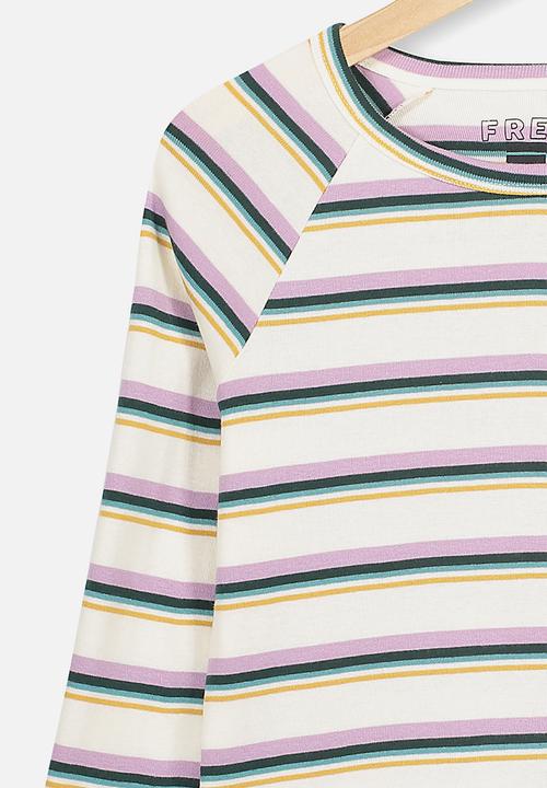 Free by Cotton On - Rib long sleeve tee - dark vanilla/multi stripe