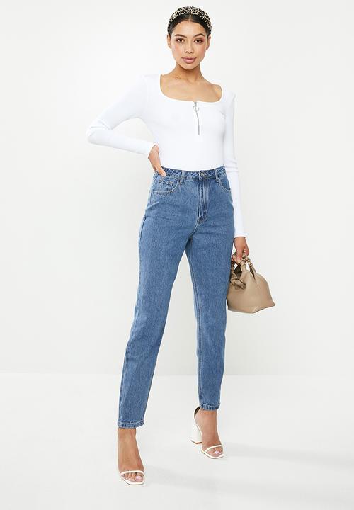 Missguided - Zip front scoop neck rib bodysuit - white