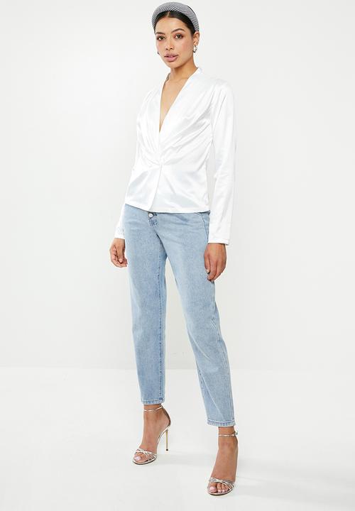 Missguided - Satin double breasted pleated neck top - white