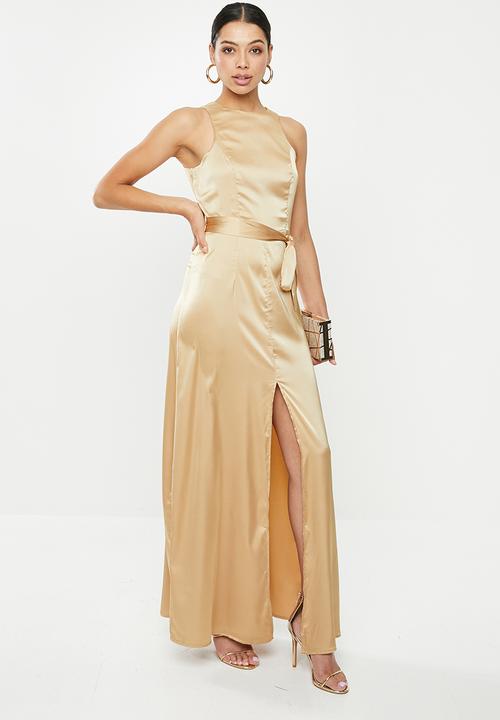 Missguided - Satin split front self belt maxi dress - champagne