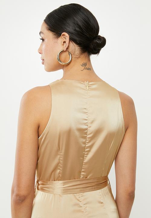 Missguided - Satin split front self belt maxi dress - champagne