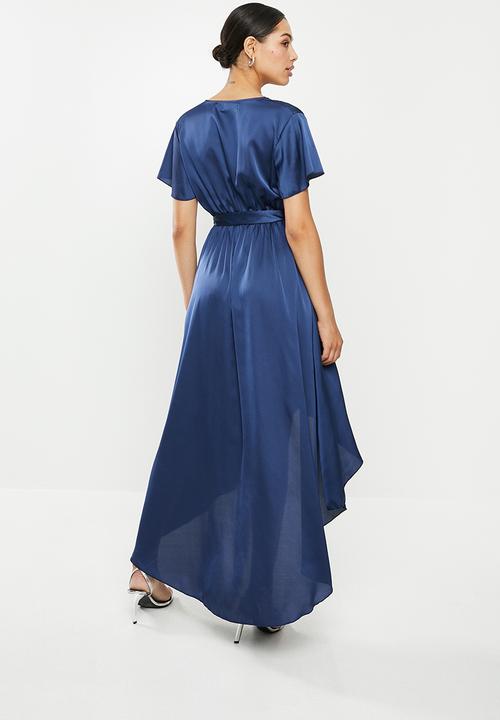 Missguided - High low wrap midi dress short sleeve ruffle - navy