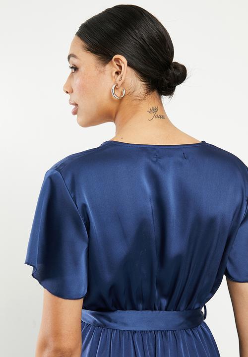 Missguided - High low wrap midi dress short sleeve ruffle - navy
