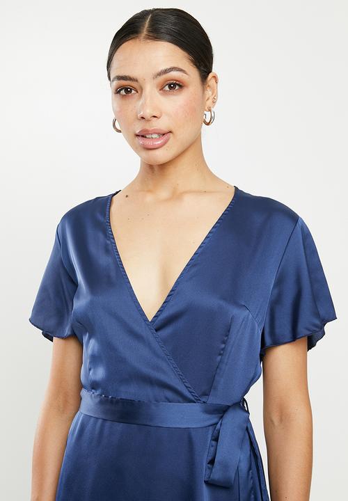 Missguided - High low wrap midi dress short sleeve ruffle - navy