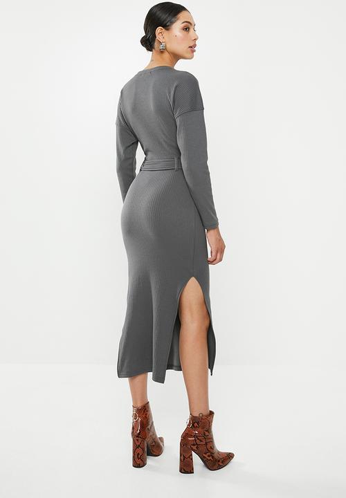 Missguided - Rib ls tortoiseshell belted midi dress - grey
