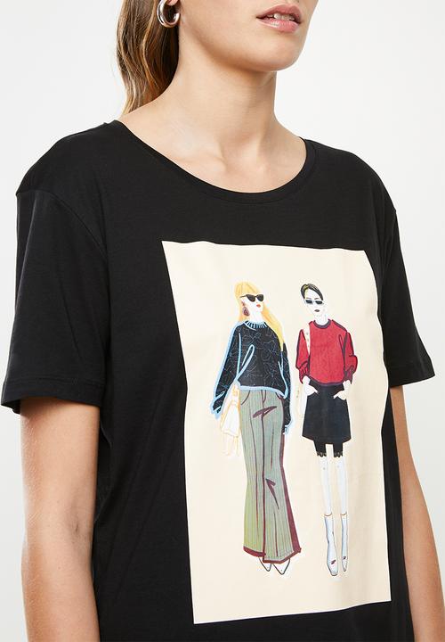 Jacqueline de Yong - Danni short sleeve print top denim - black