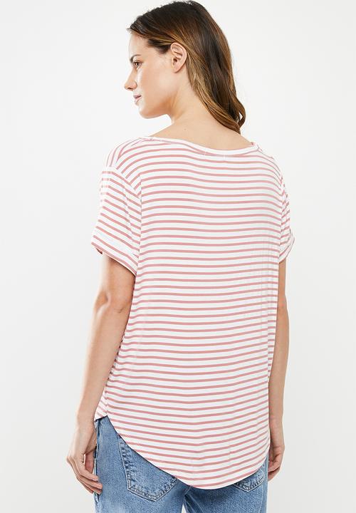 Cotton On - Karly short sleeve V-neck top - white & pink 