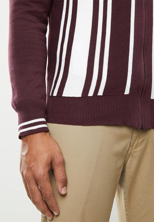 Brave Soul - Mellor full zip knitwear jumper - burgundy & white