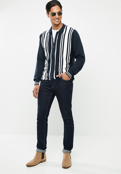 Brave Soul - Mellor full zip knitwear jumper - navy & white