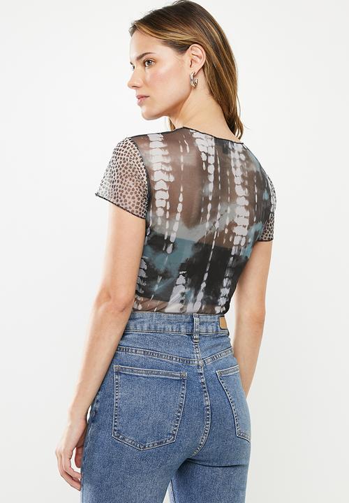 Missguided - Blue animal tye-dye print mesh bodysuit - blue & grey