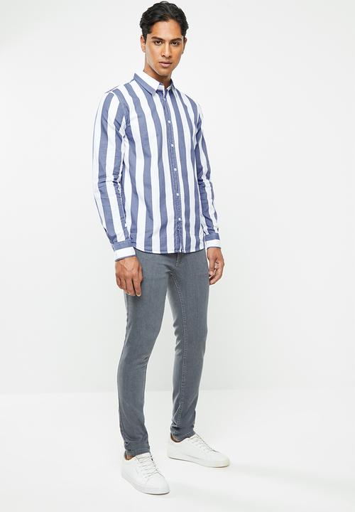 Brave Soul - Norrisb stripe long sleeve shirt - blue & white