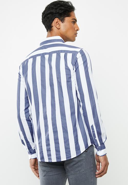 Brave Soul - Norrisb stripe long sleeve shirt - blue & white