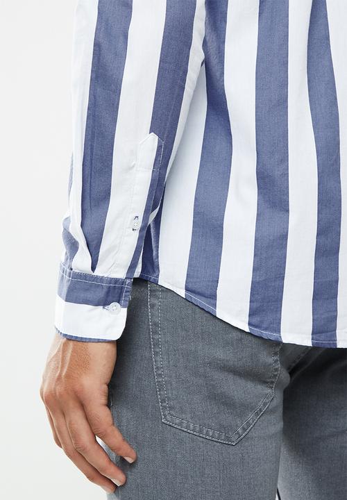 Brave Soul - Norrisb stripe long sleeve shirt - blue & white