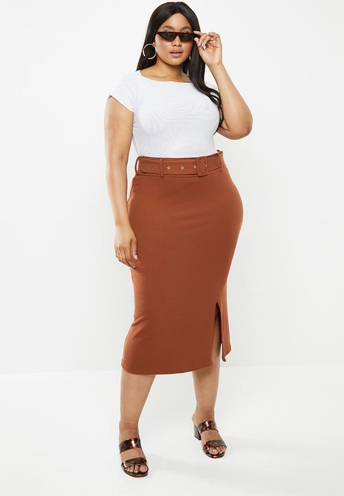 Glamorous - Plus belted pencil skirt - rust
