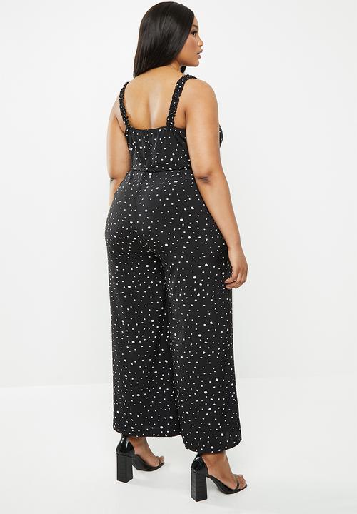 Glamorous - Plus messy spot spaghetti strap jumpsuit - black & white