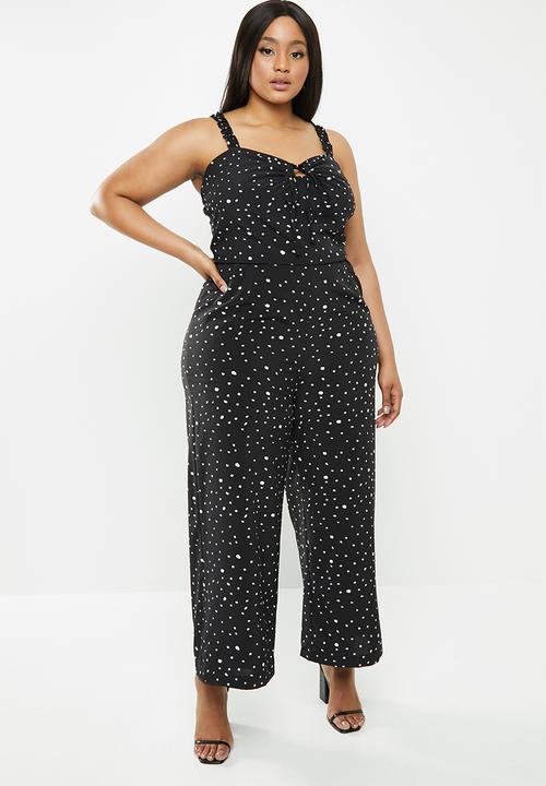 Glamorous - Plus messy spot spaghetti strap jumpsuit - black & white
