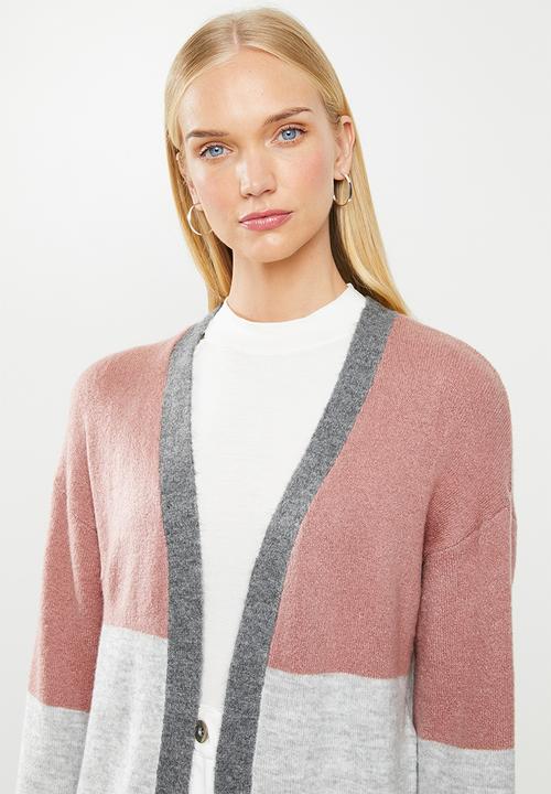Jacqueline de Yong - Newelanor long sleeve cardigan - grey & pink 