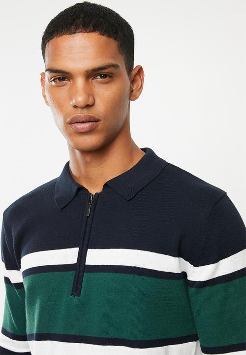 Brave Soul - Webster 1/4 zip knitwear - navy & green 