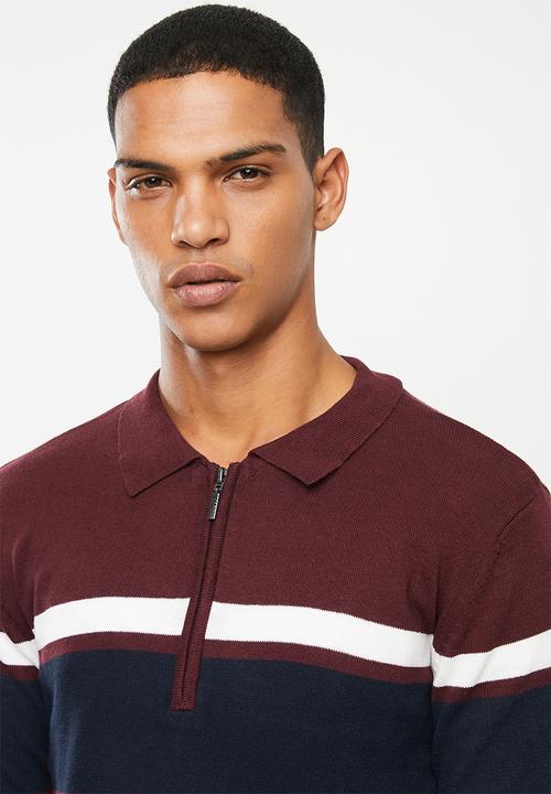 Brave Soul - Webster 1/4 zip knitwear - burgundy & navy 