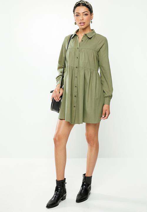 Glamorous - Button through babydoll dress - khaki
