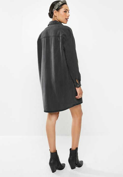 Missguided - Utility zip through denim shirt dress - black