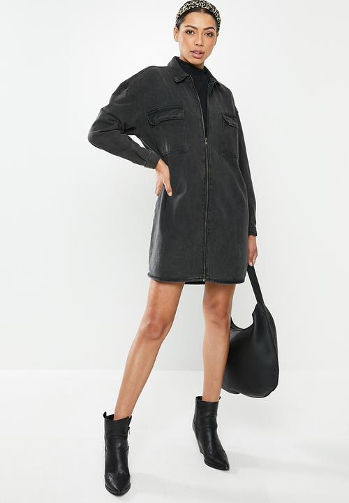 Missguided - Utility zip through denim shirt dress - black