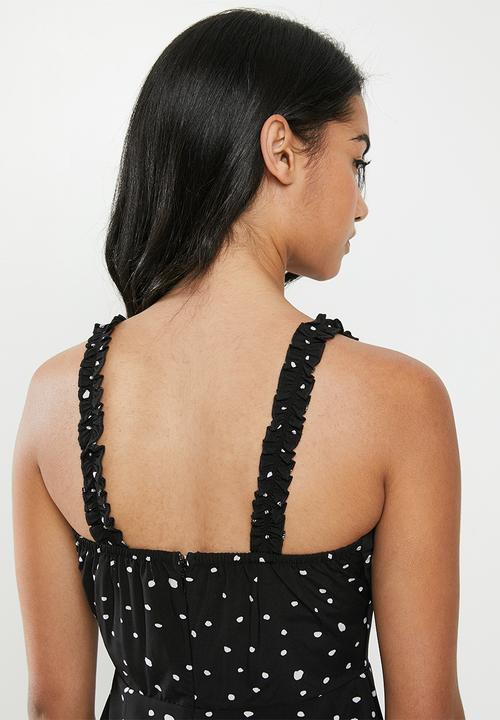Glamorous - Petite messy spot spaghetti strap jumpsuit - black & white