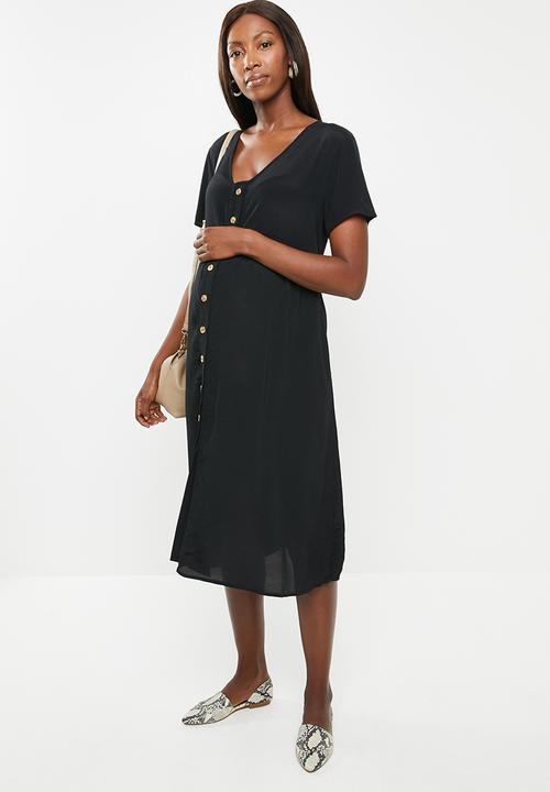 Cotton On - Maternity woven button front short sleeve midi dress - black