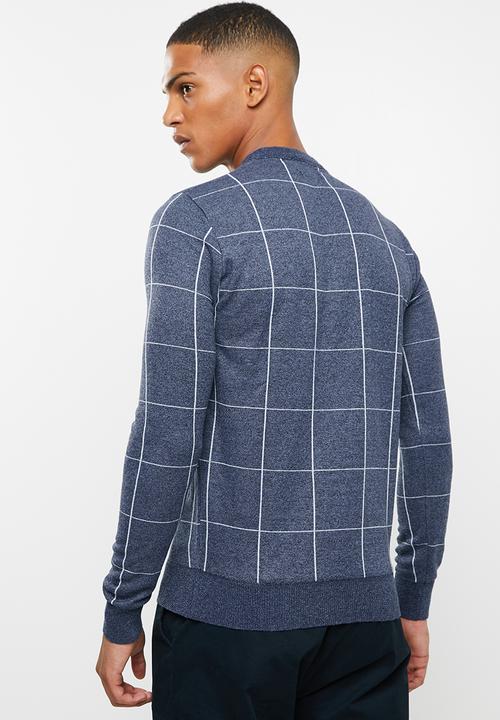 Brave Soul - Nicholls jaquard check crew knitwear - navy & grey