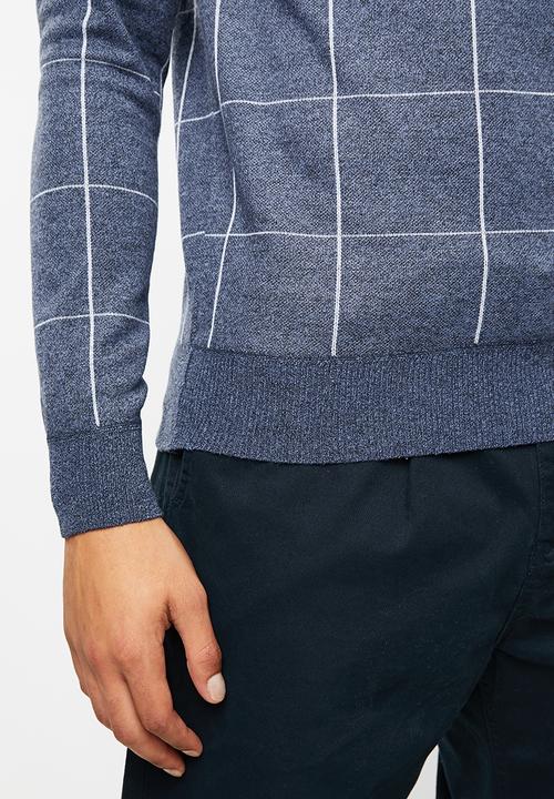 Brave Soul - Nicholls jaquard check crew knitwear - navy & grey