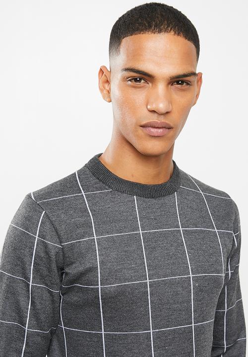 Brave Soul - Nicholls jaquard check crew knitwear - charcoal & grey